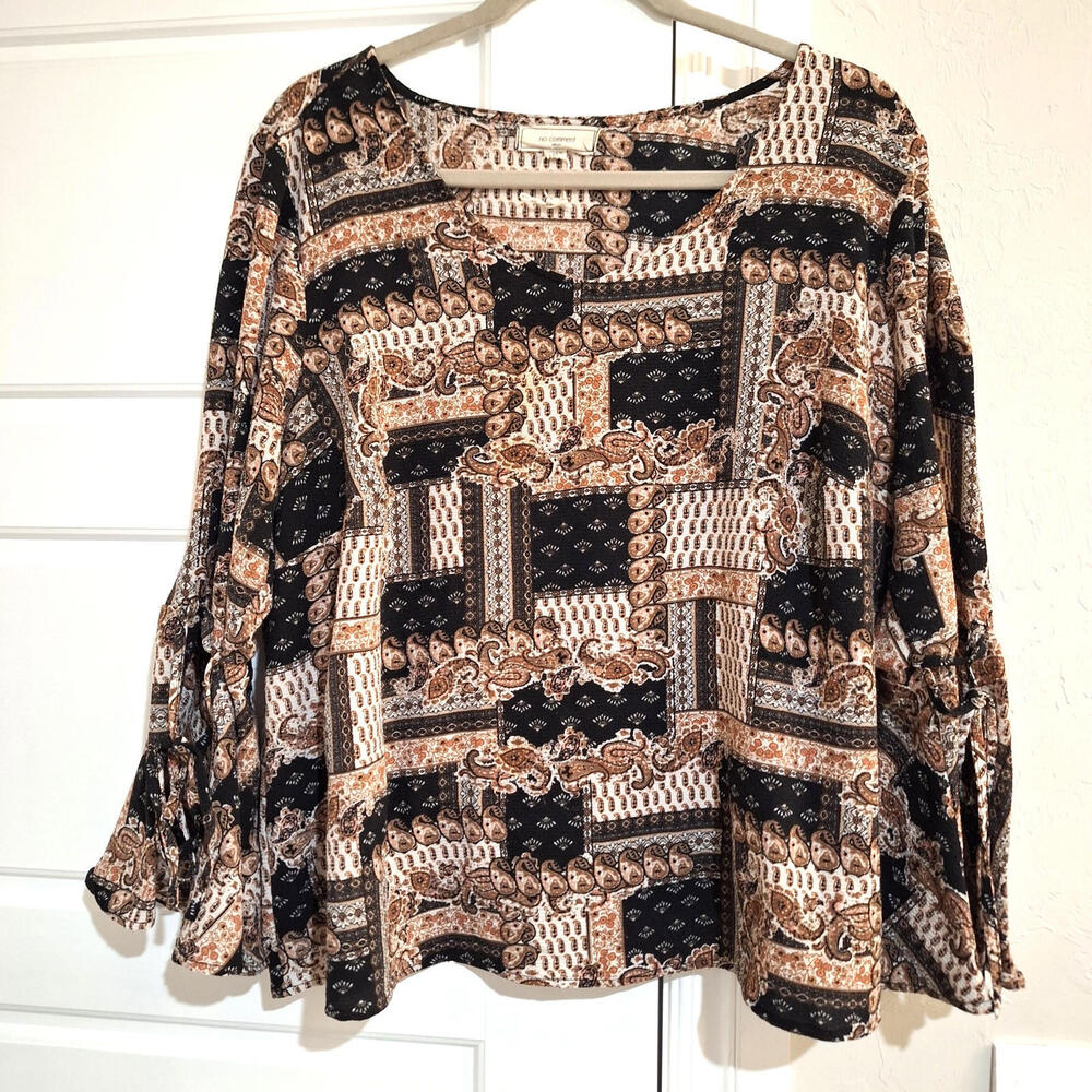 No Comment Patchwork Blouse Womens 2XL Vintage Style Boho Bell Sleeve Top Artsy
